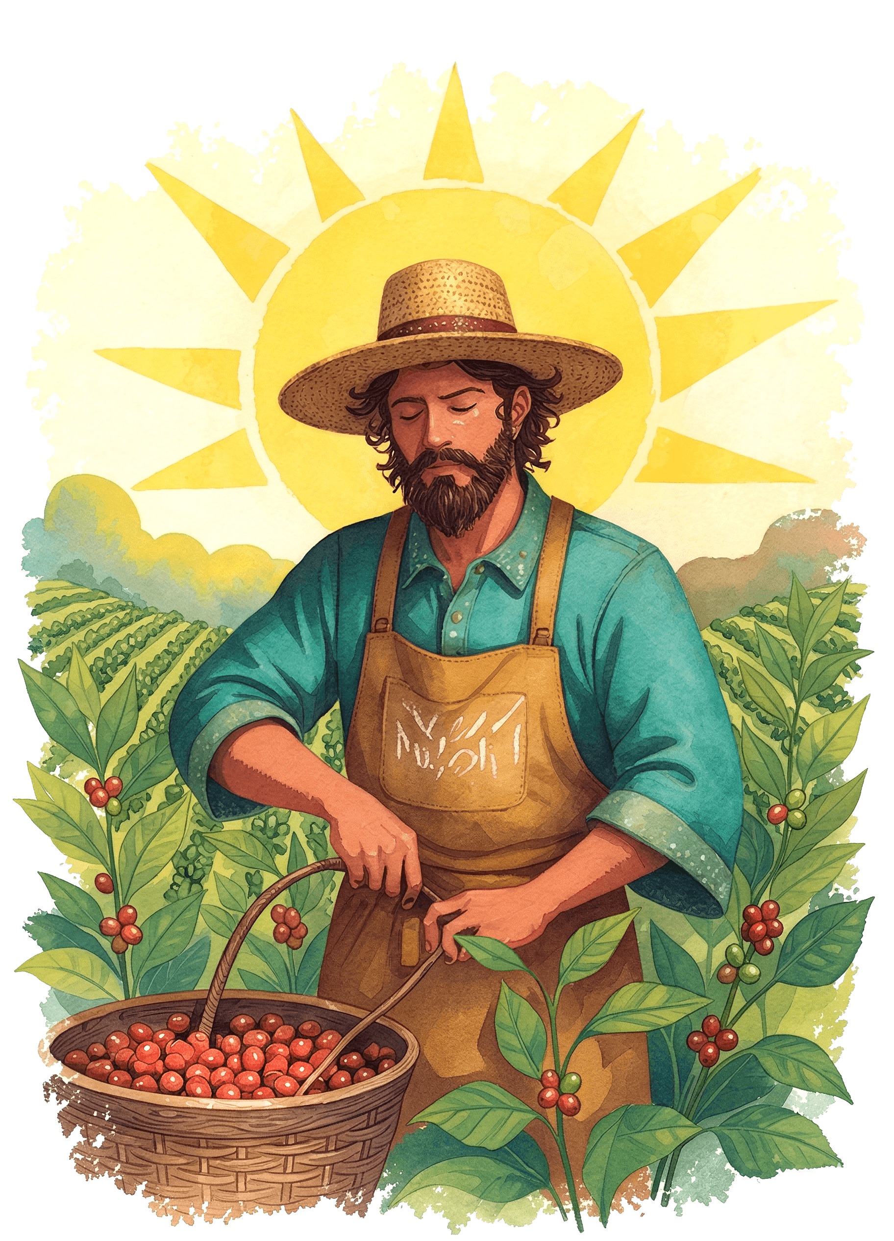 Ilustração botânica do cultivar Catuai — folhas e frutos do café